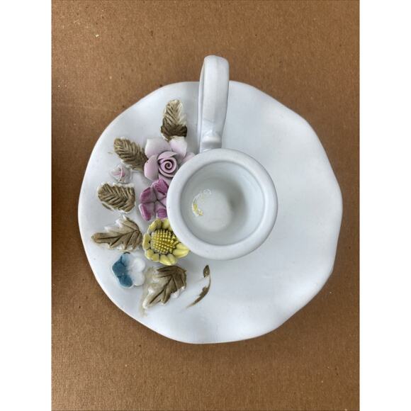 Vtg Unmarked Matte Bisque Porcelain Candle Holder Flowers Ring Handle Lefton 2 - Picture 2 of 8